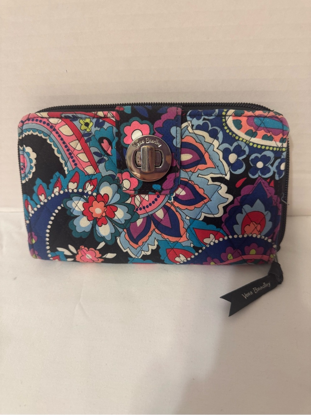 Vera Bradley Floral Paisley Turn-Lock Zip Wallet in Black, Blue, Pink & Teal
